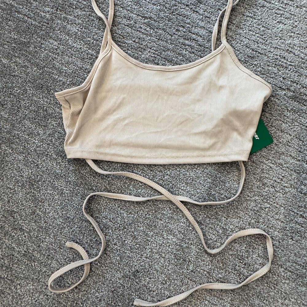 Beige Ribbed Crop Top with wrapped string detail